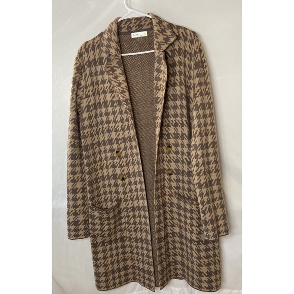 Rielle Women's Medium Houndstooth Knit Sweater Coat Cardigan Brown Tan - Picture 2 of 12
